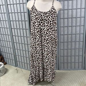 Tribal Femme White and Brown Sleeveless Spaghetti Strap Maxi Sundress, Size S